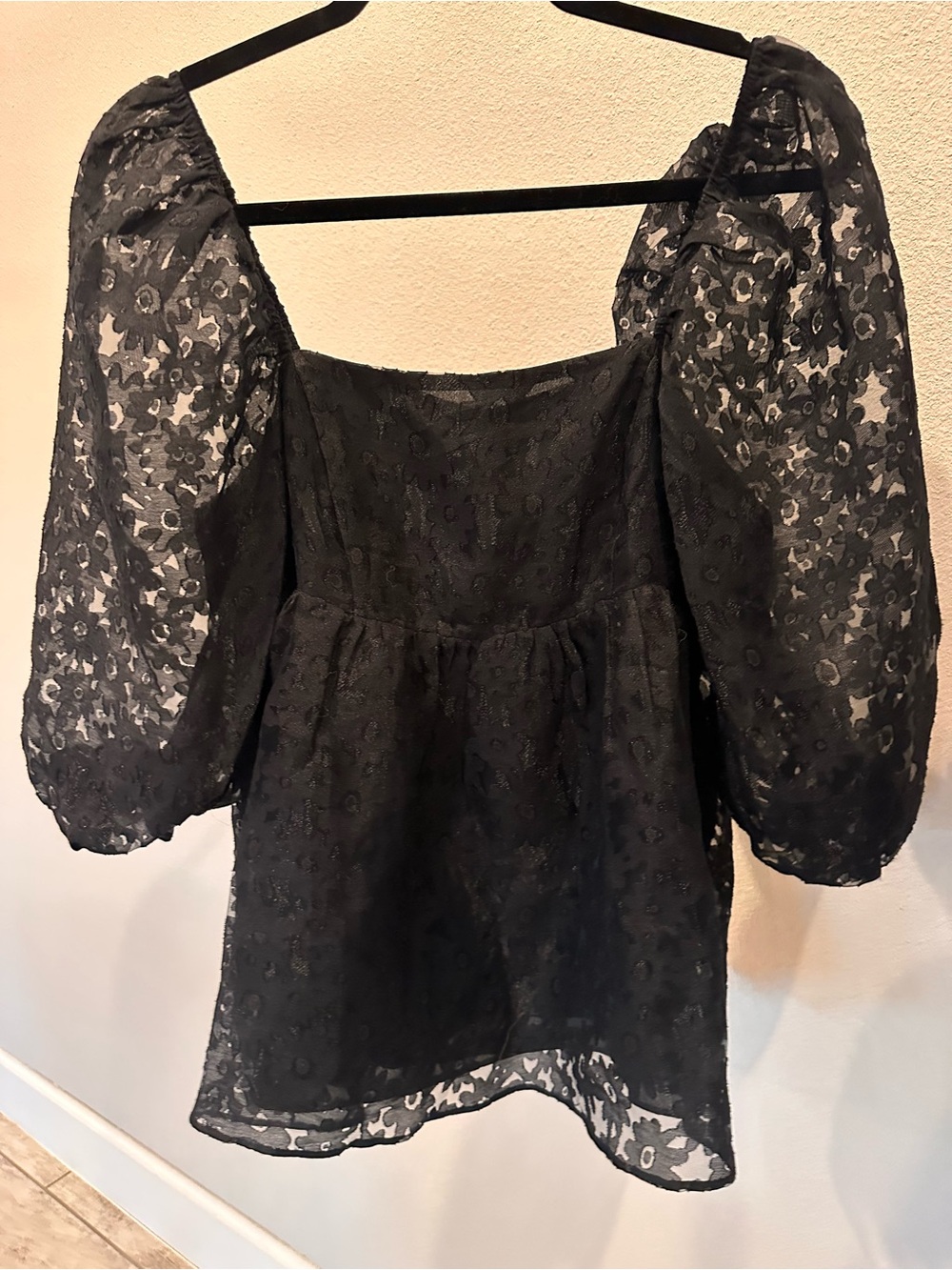 fab'rik Black Puff Sleeve Lace Peplum Blouse